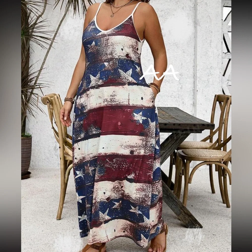 Plus Size Spaghetti Strap stars Stripes Sleeveless Tank Top Maxi Dress Pockets - Picture 3 of 4
